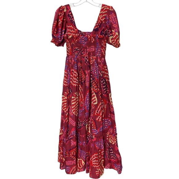 Farm Rio Anthropologie  Puff-Sleeve Smocked Maxi Dress Red Multi Small - Picture 3 of 11